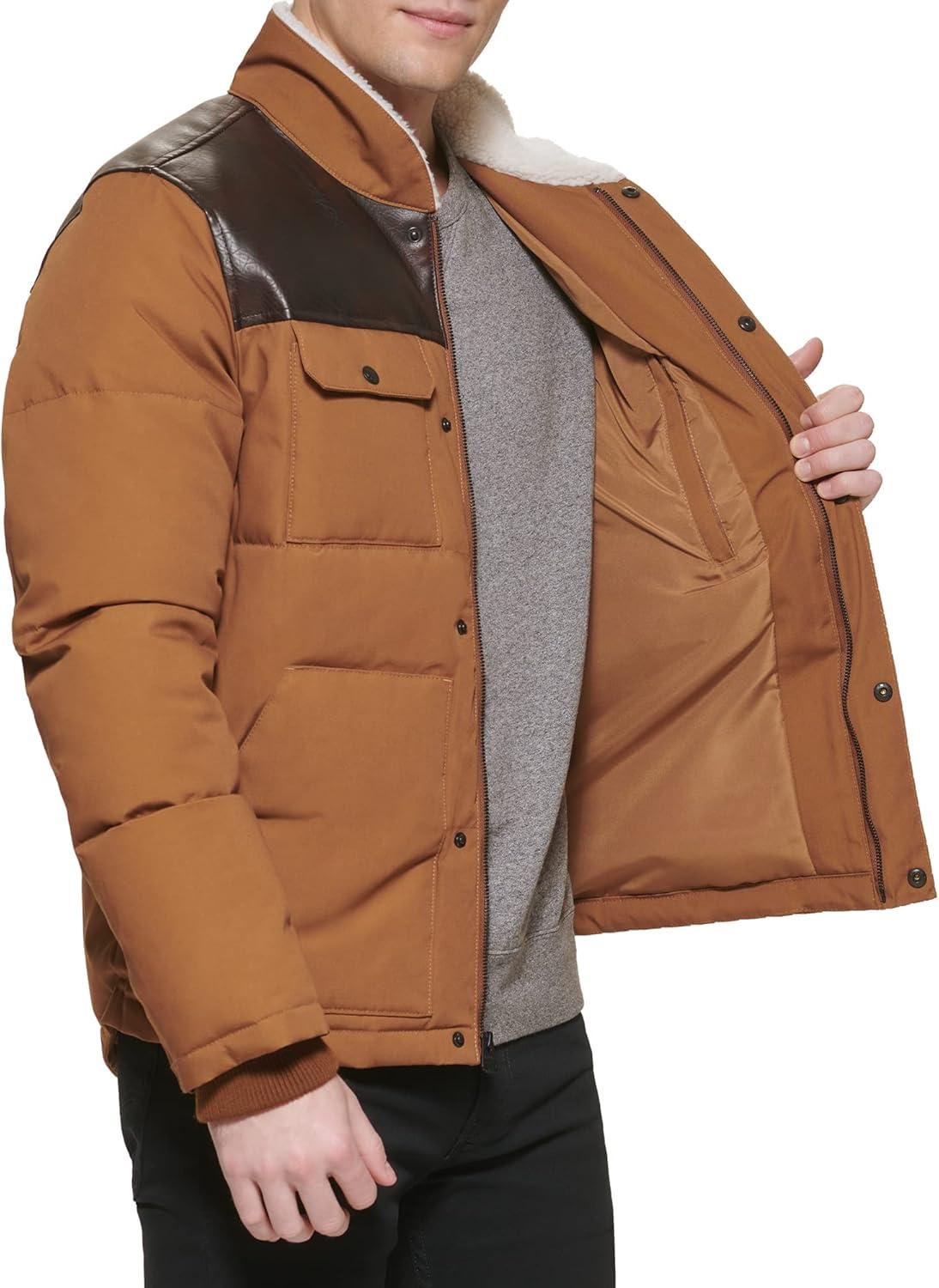 imageLevis Mens Mixed Media Quilted Puffer Jacket With Sherpa Lined Collar Regular and Big amp Tall SizesWorker BrownFaux Leather