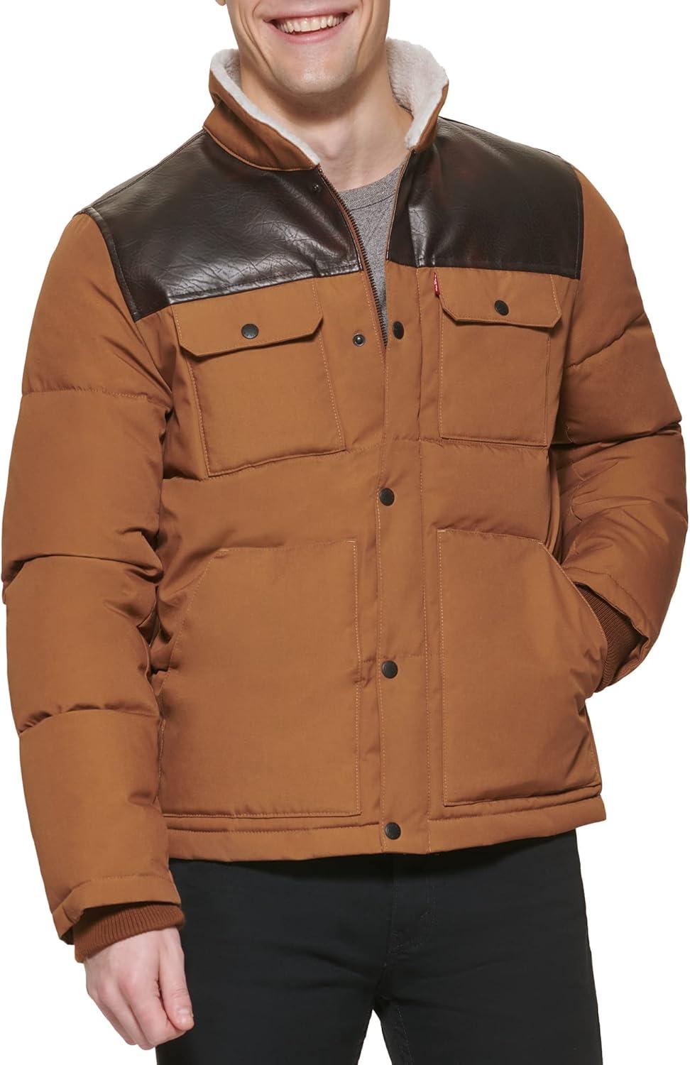 imageLevis Mens Mixed Media Quilted Puffer Jacket With Sherpa Lined Collar Regular and Big amp Tall SizesWorker BrownFaux Leather
