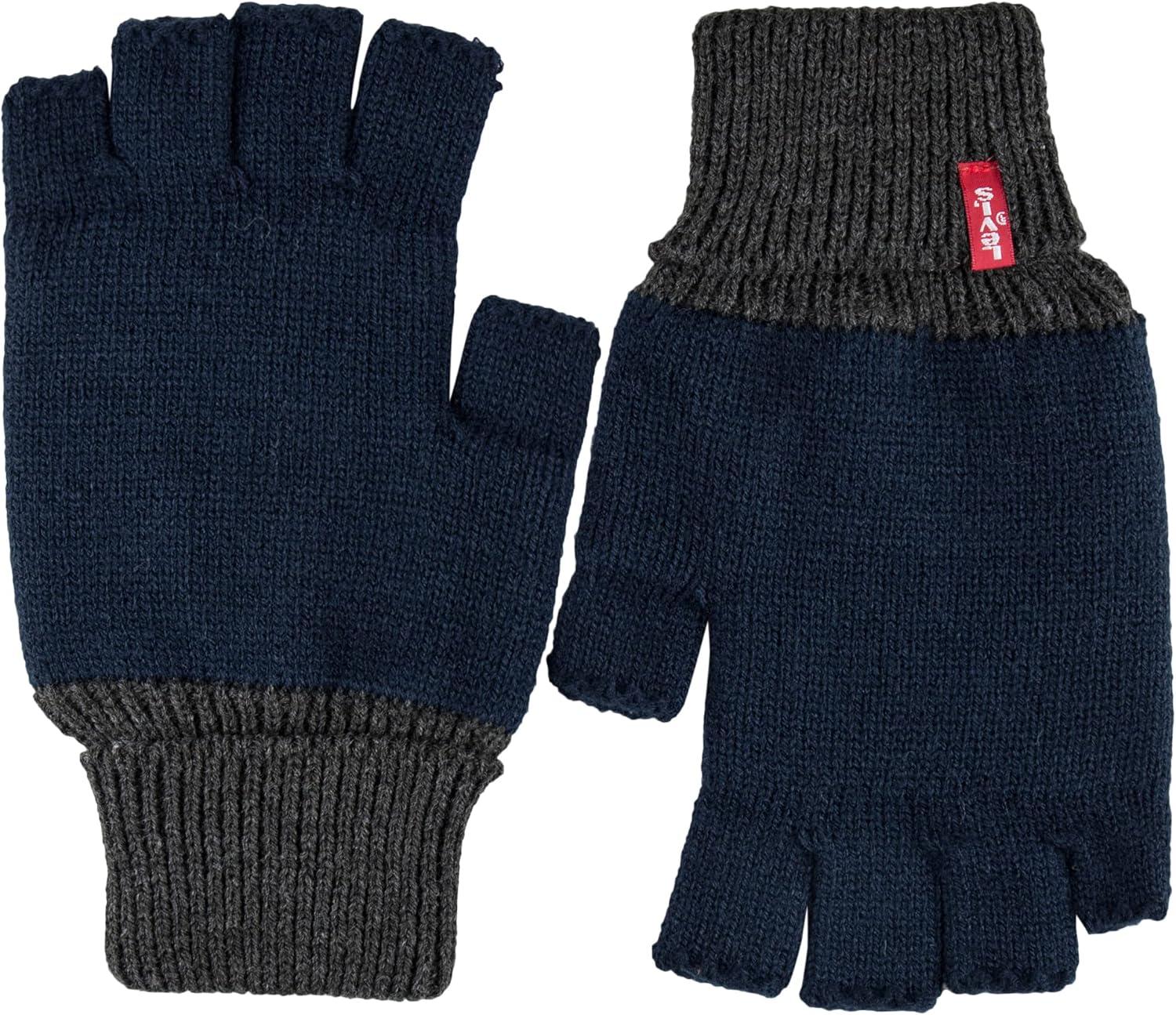 imageLevis Mens Reversible Warm Winter Beanie with Fingerless Glove SetNavyGrey