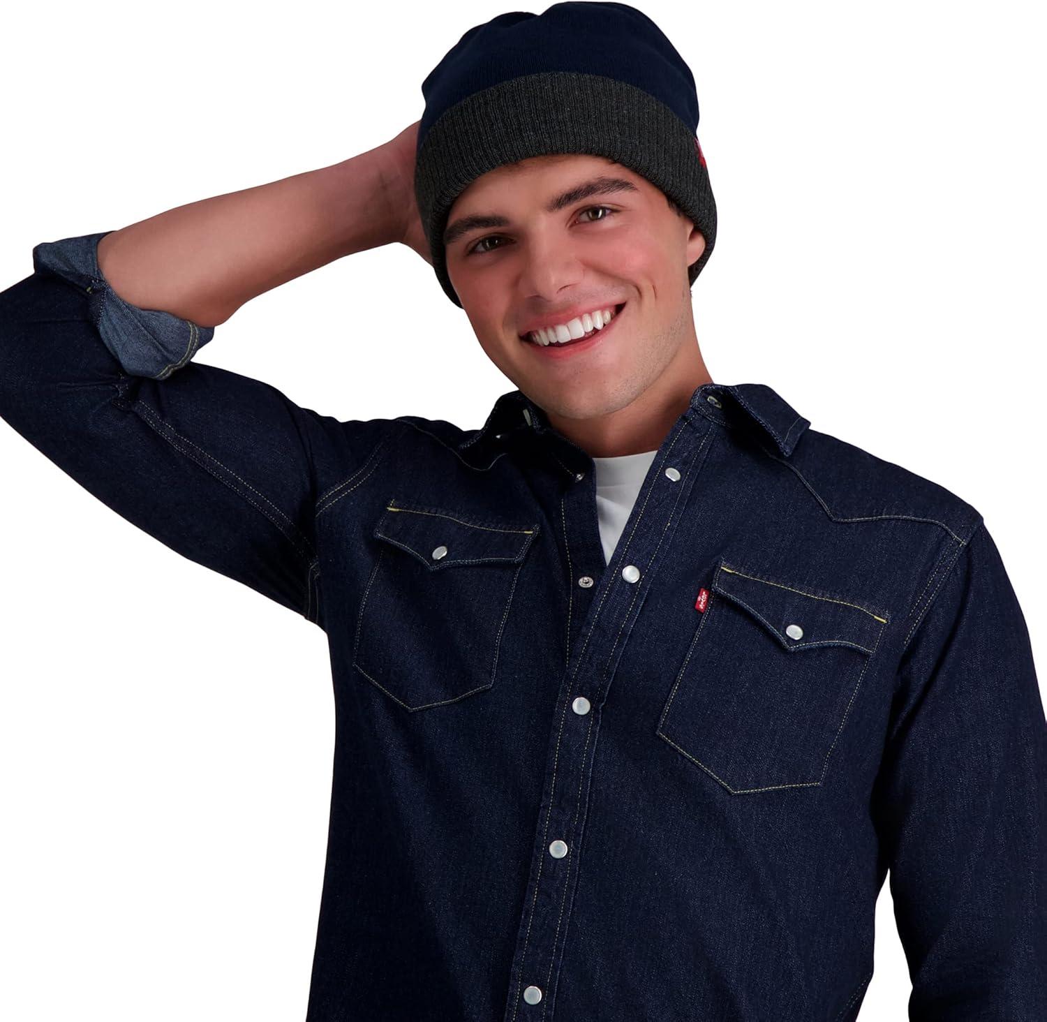 imageLevis Mens Reversible Warm Winter Beanie with Fingerless Glove SetNavyGrey