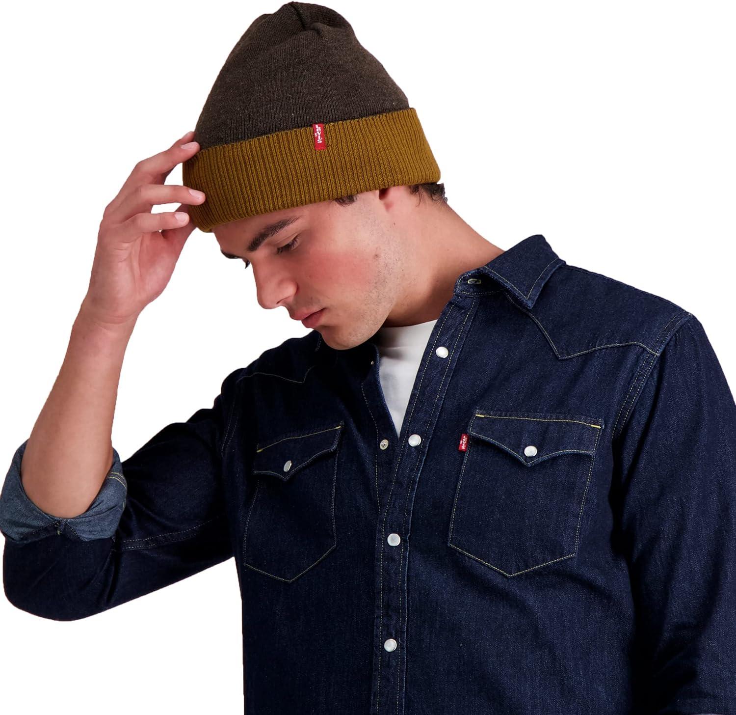 imageLevis Mens Reversible Warm Winter Beanie with Fingerless Glove SetTan