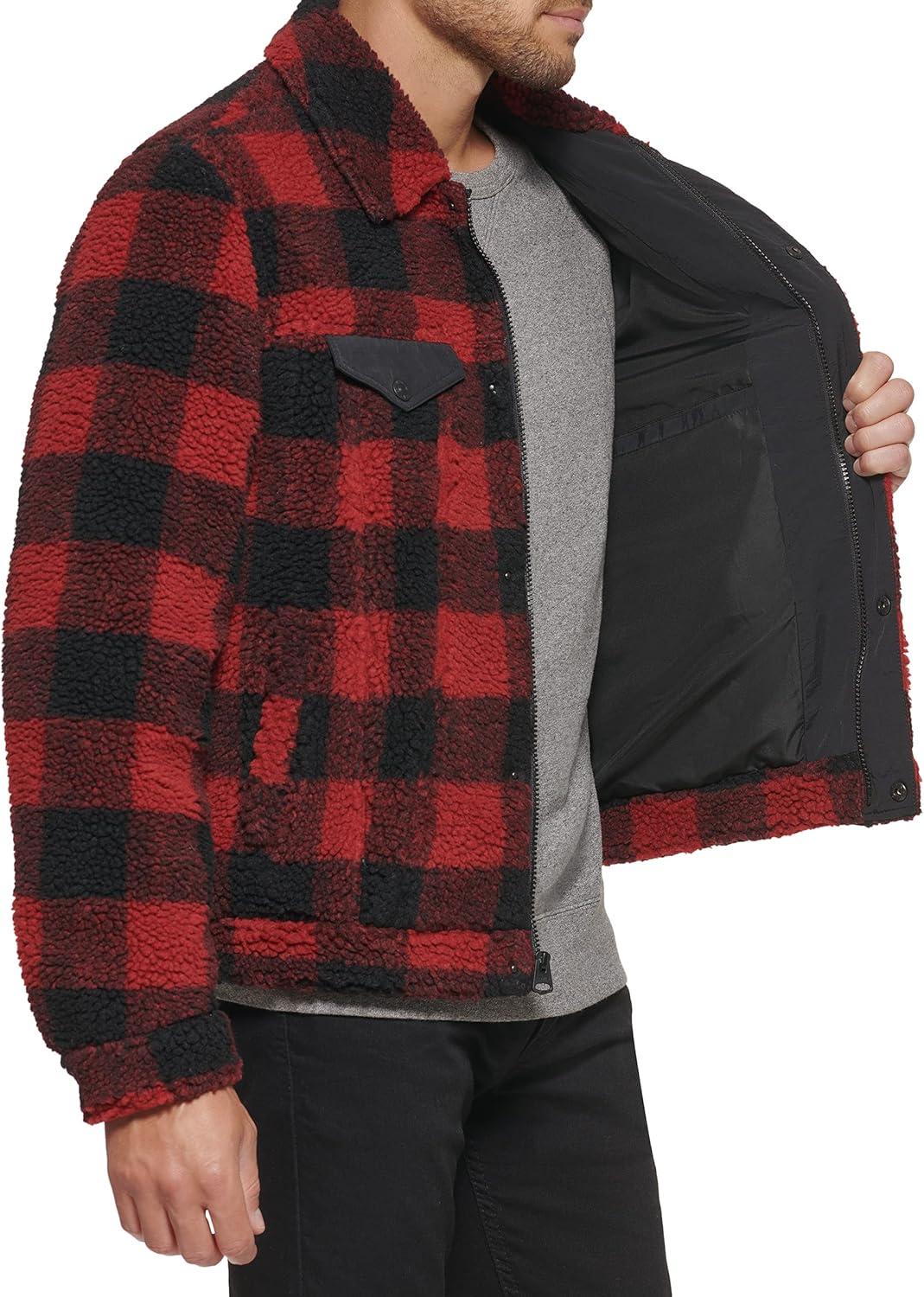 imageLevis Mens Sherpa Trucker JacketRed PlaidBlack