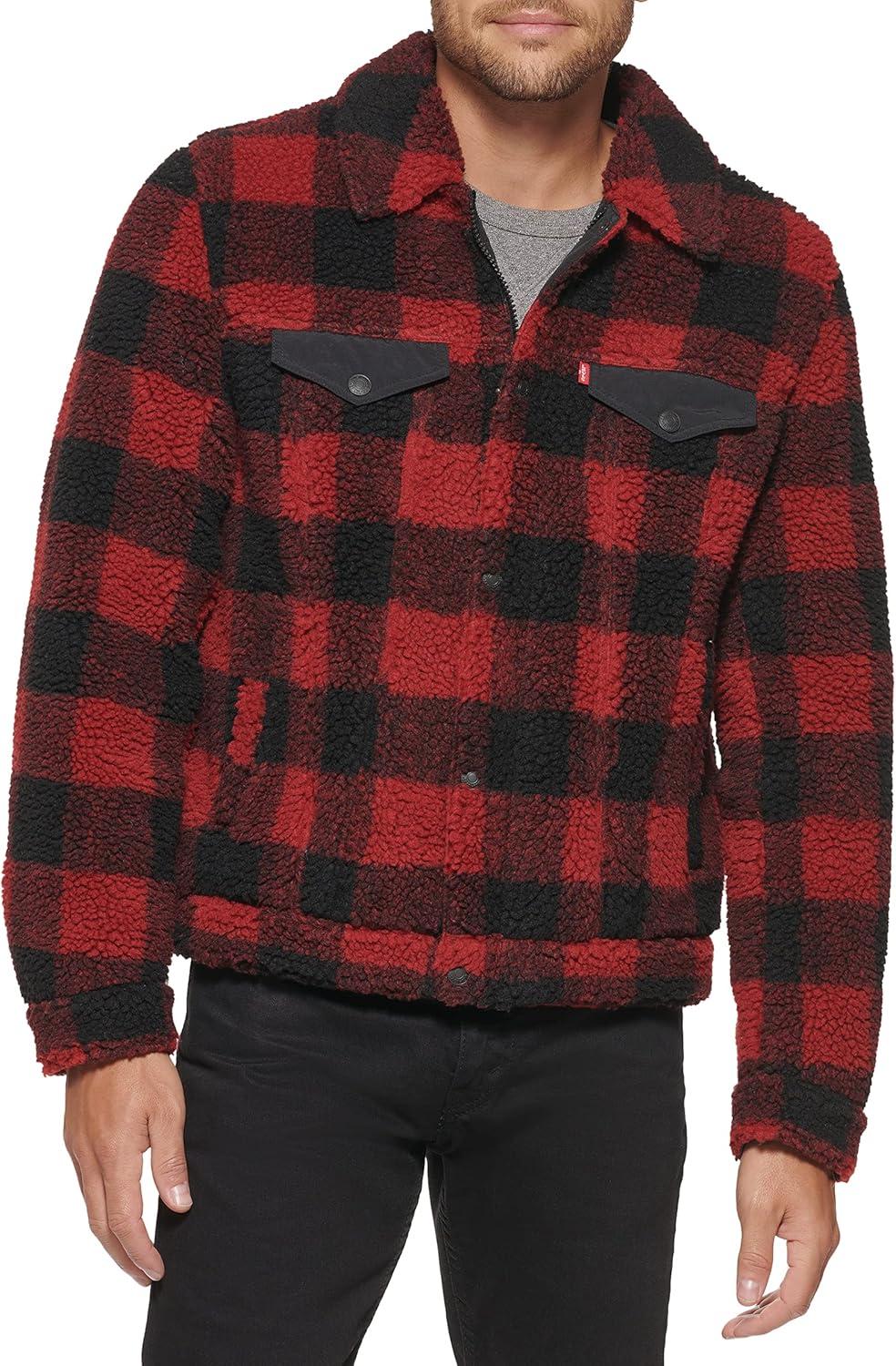 imageLevis Mens Sherpa Trucker JacketRed PlaidBlack