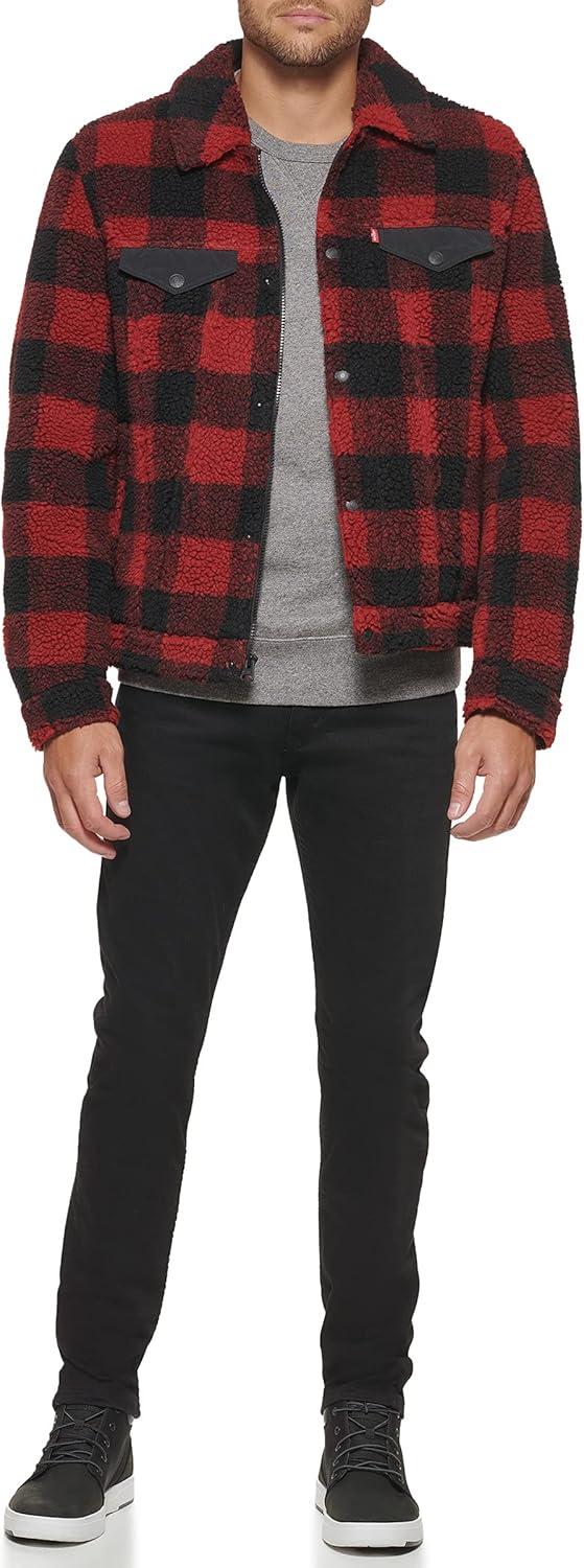 imageLevis Mens Sherpa Trucker JacketRed PlaidBlack