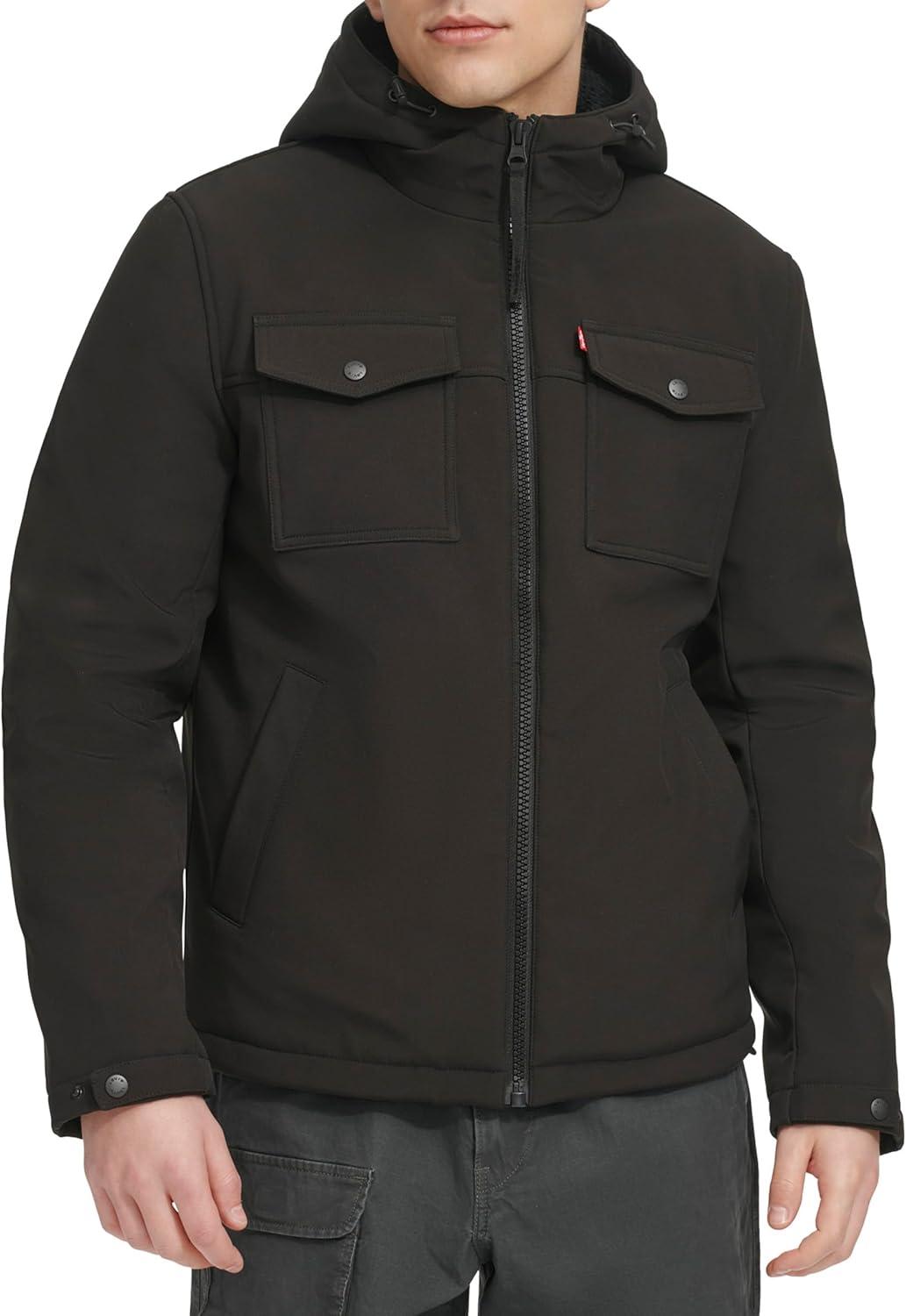 imageLevis Mens Soft Shell Two Pocket Hooded Trucker JacketBlack Sherpa