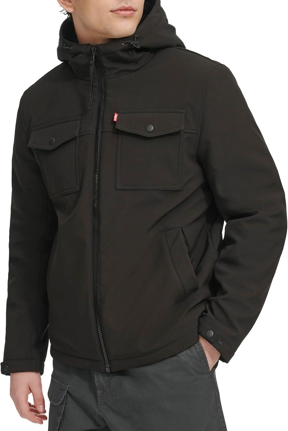 imageLevis Mens Soft Shell Two Pocket Hooded Trucker JacketBlack Sherpa