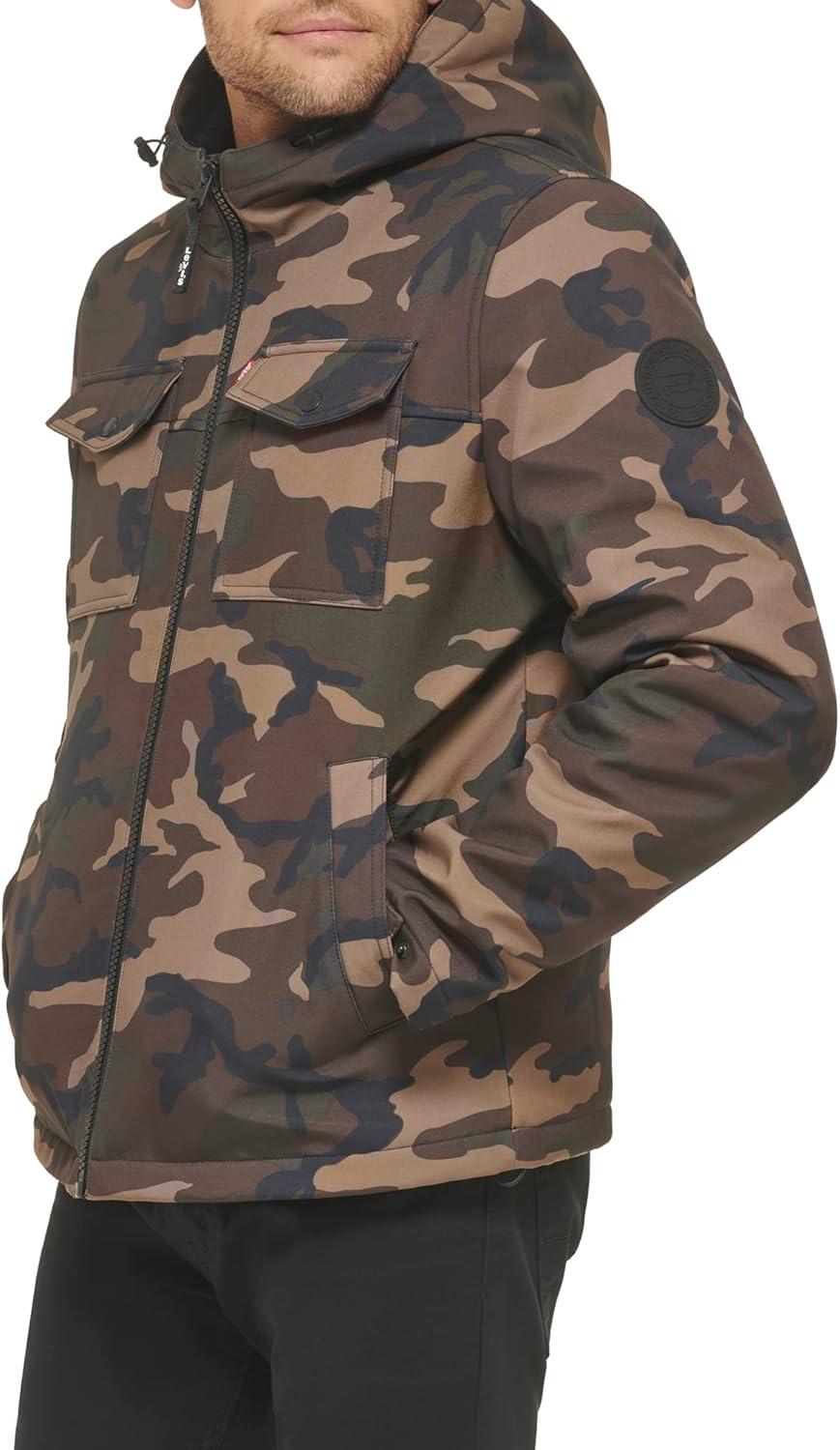 imageLevis Mens Soft Shell Two Pocket Hooded Trucker JacketCamo Sherpa