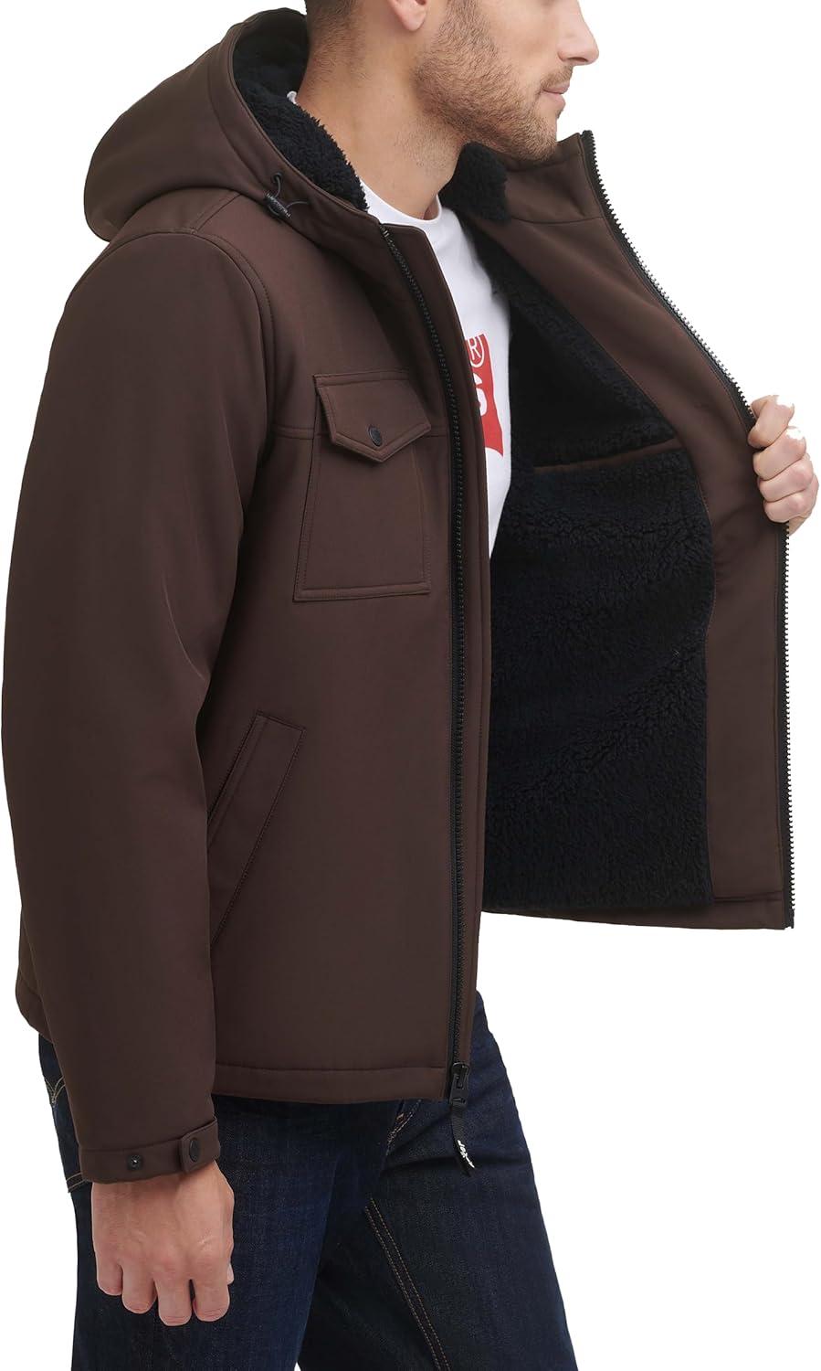 imageLevis Mens Soft Shell Two Pocket Hooded Trucker JacketDark Brown Sherpa