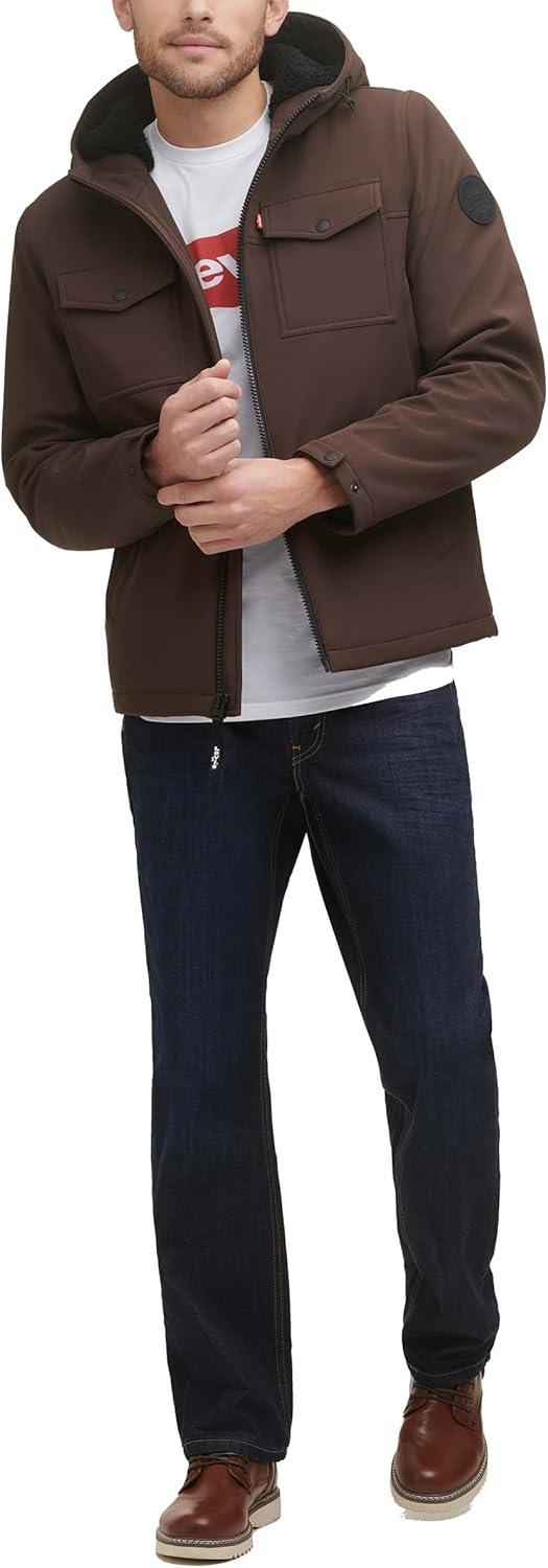 imageLevis Mens Soft Shell Two Pocket Hooded Trucker JacketDark Brown Sherpa