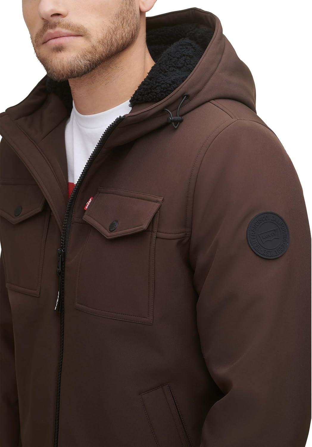 imageLevis Mens Soft Shell Two Pocket Hooded Trucker JacketDark Brown Sherpa