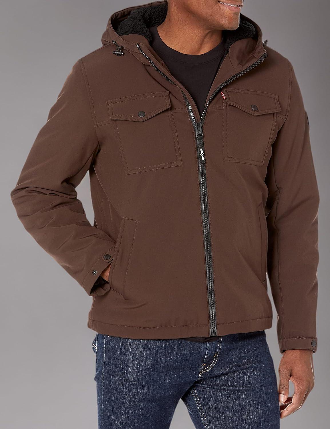 imageLevis Mens Soft Shell Two Pocket Hooded Trucker JacketDark Brown Sherpa