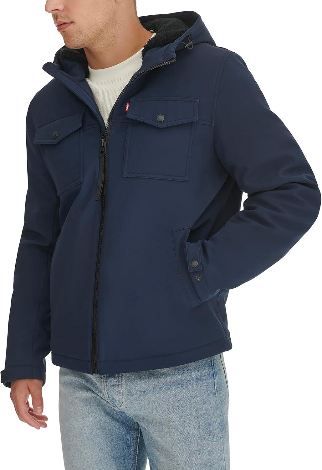 imageLevis Mens Soft Shell Two Pocket Hooded Trucker JacketMidnight Sherpa