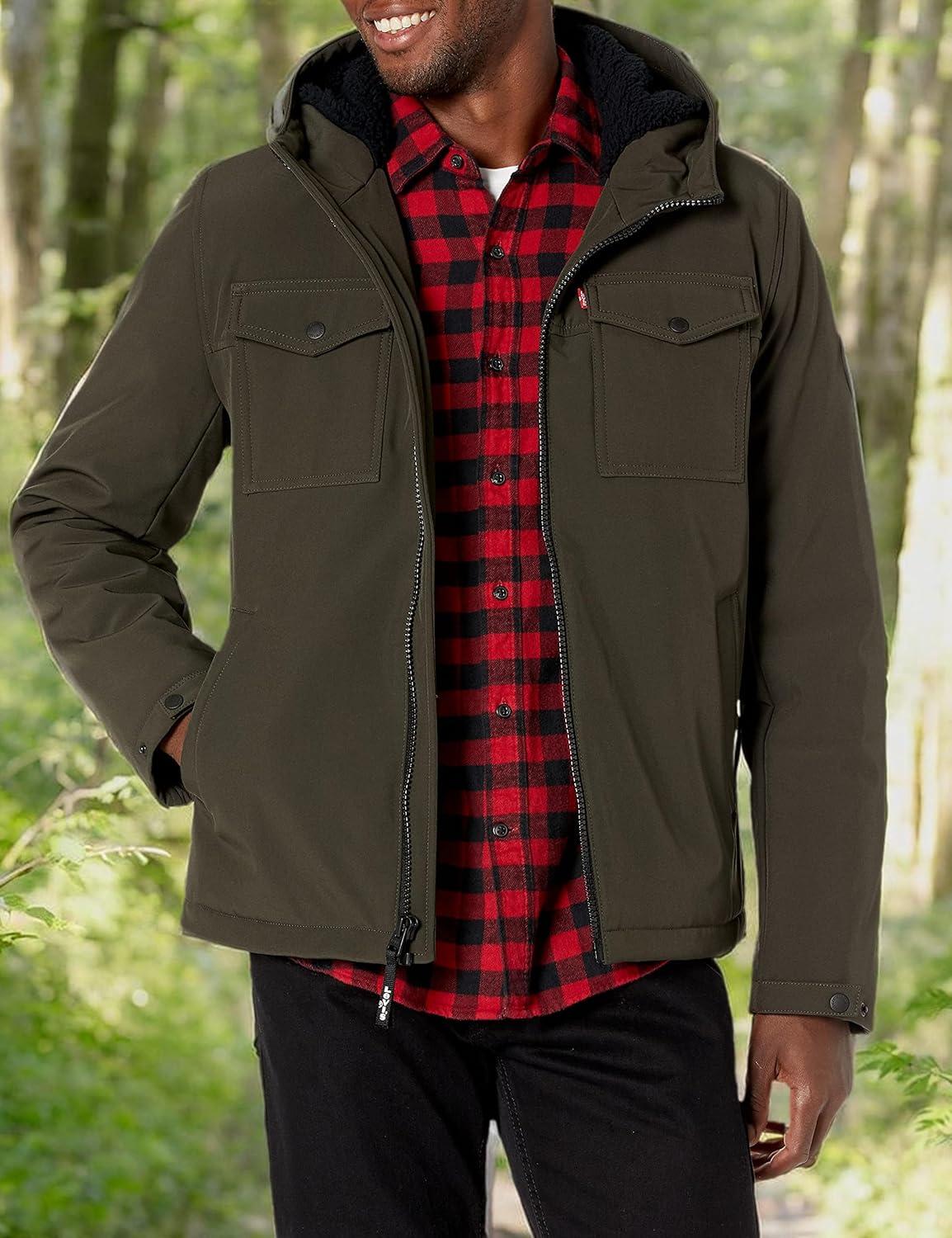 imageLevis Mens Soft Shell Two Pocket Hooded Trucker JacketOlive Sherpa