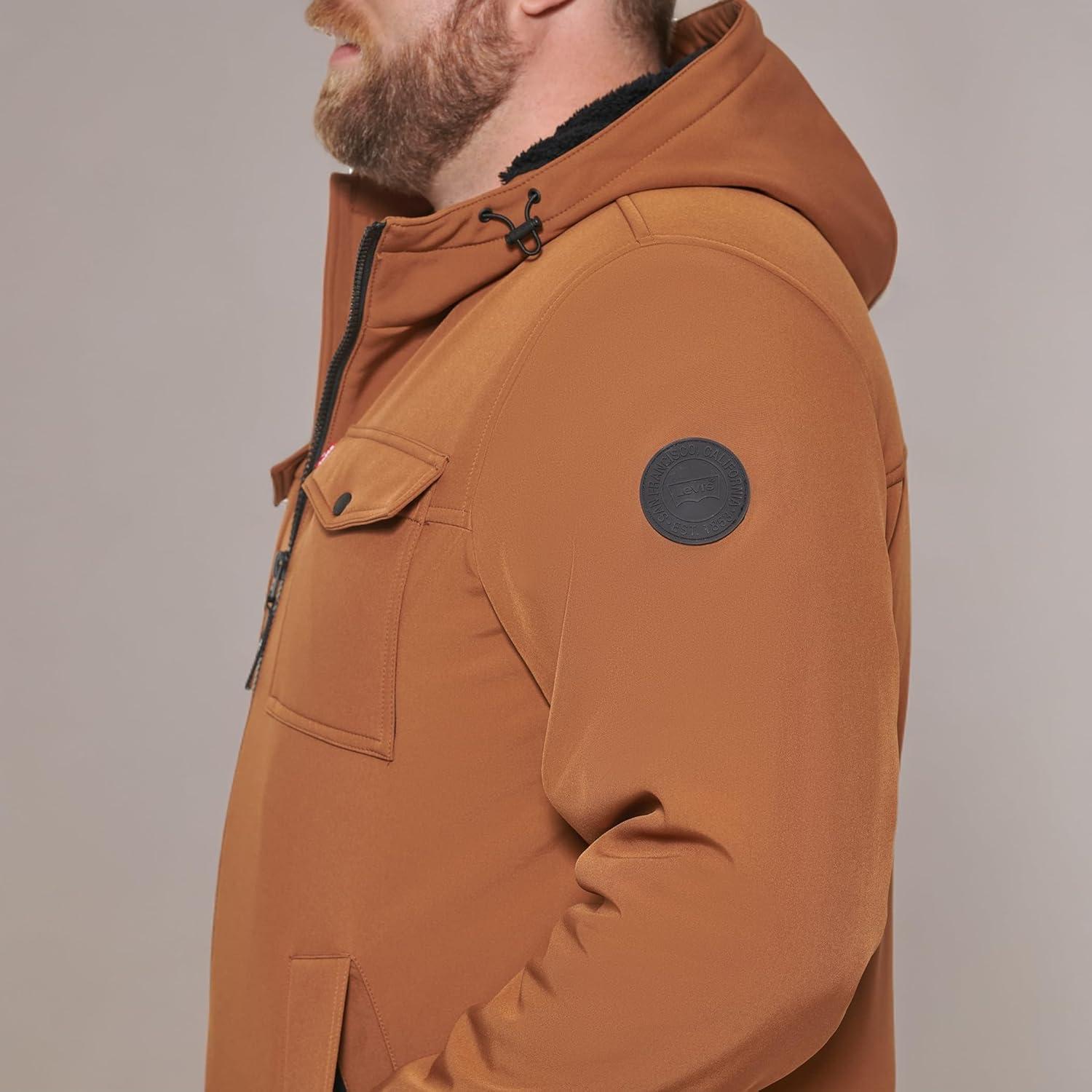 imageLevis Mens Soft Shell Two Pocket Hooded Trucker JacketWorker Brown Sherpa