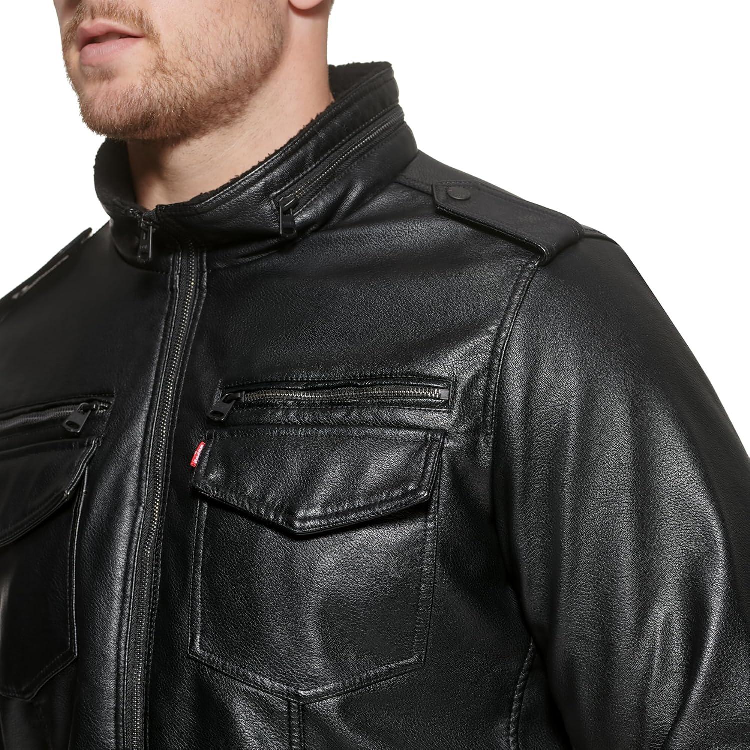 imageLevis Mens Vintage Deer Faux Leather Aviator Bomber Standard and Big amp TallBlackSherpa Lined