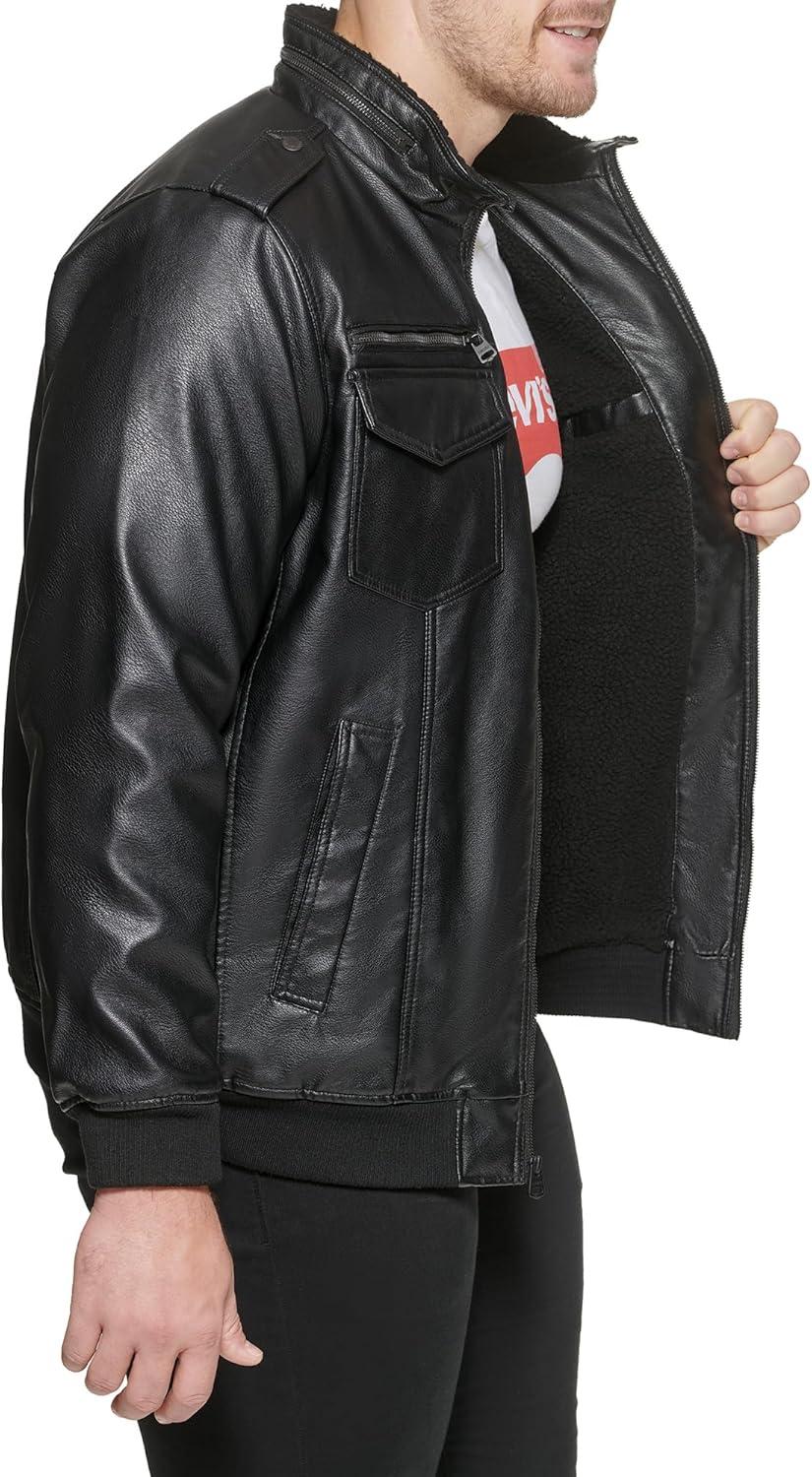 imageLevis Mens Vintage Deer Faux Leather Aviator Bomber Standard and Big amp TallBlackSherpa Lined