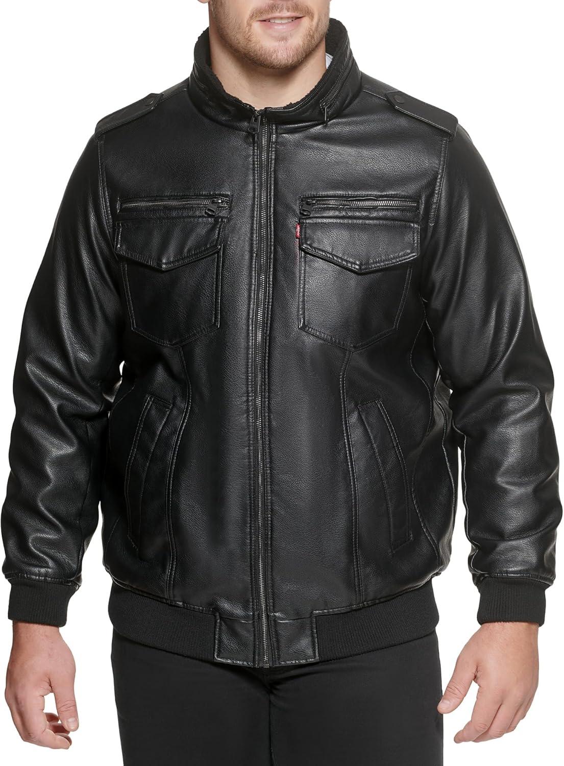 imageLevis Mens Vintage Deer Faux Leather Aviator Bomber Standard and Big amp TallBlackSherpa Lined