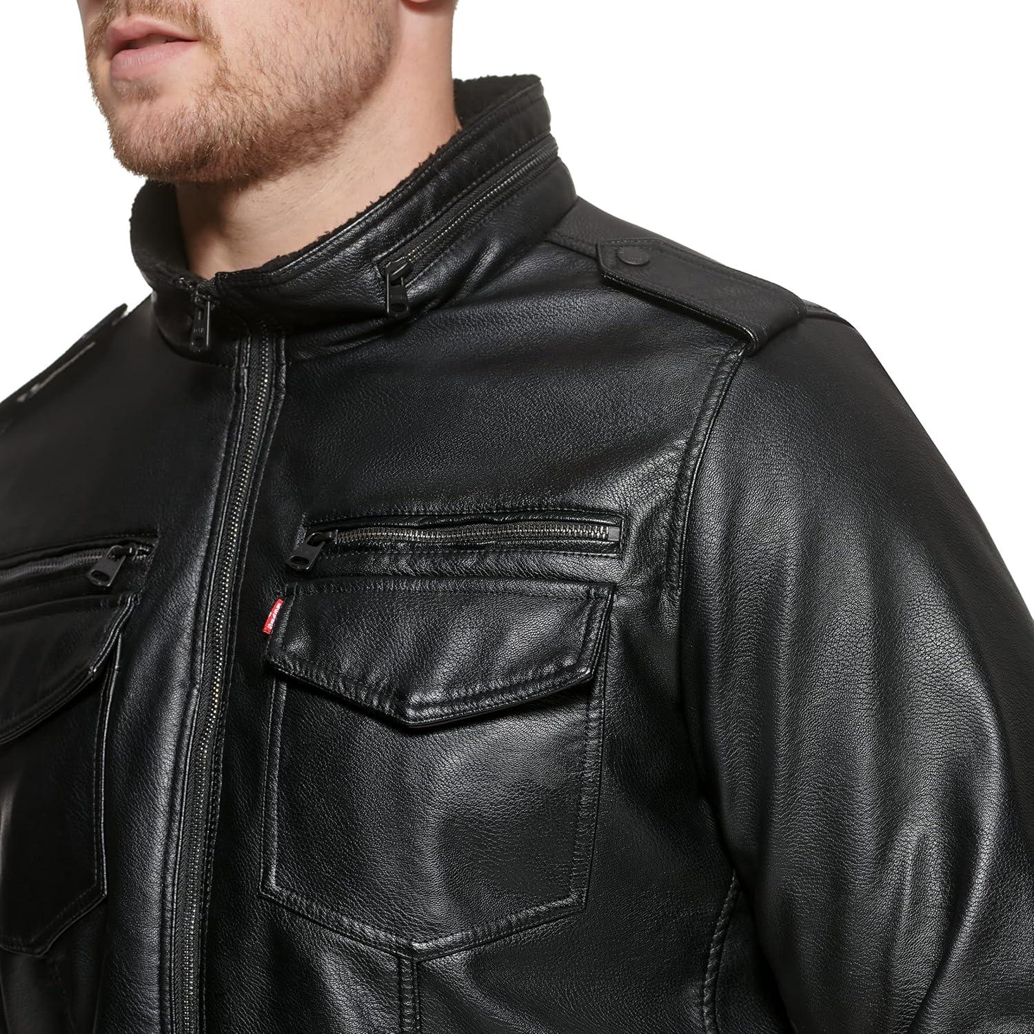 imageLevis Mens Vintage Deer Faux Leather Aviator Bomber Standard and Big amp TallBlackSherpa Lined