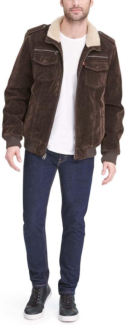 imageLevis Mens Vintage Deer Faux Leather Aviator Bomber Standard and Big amp TallDark Brown Faux Suede