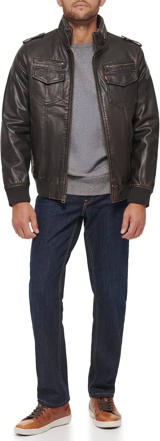 imageLevis Mens Vintage Deer Faux Leather Aviator Bomber Standard and Big amp TallDark Brown Quilted