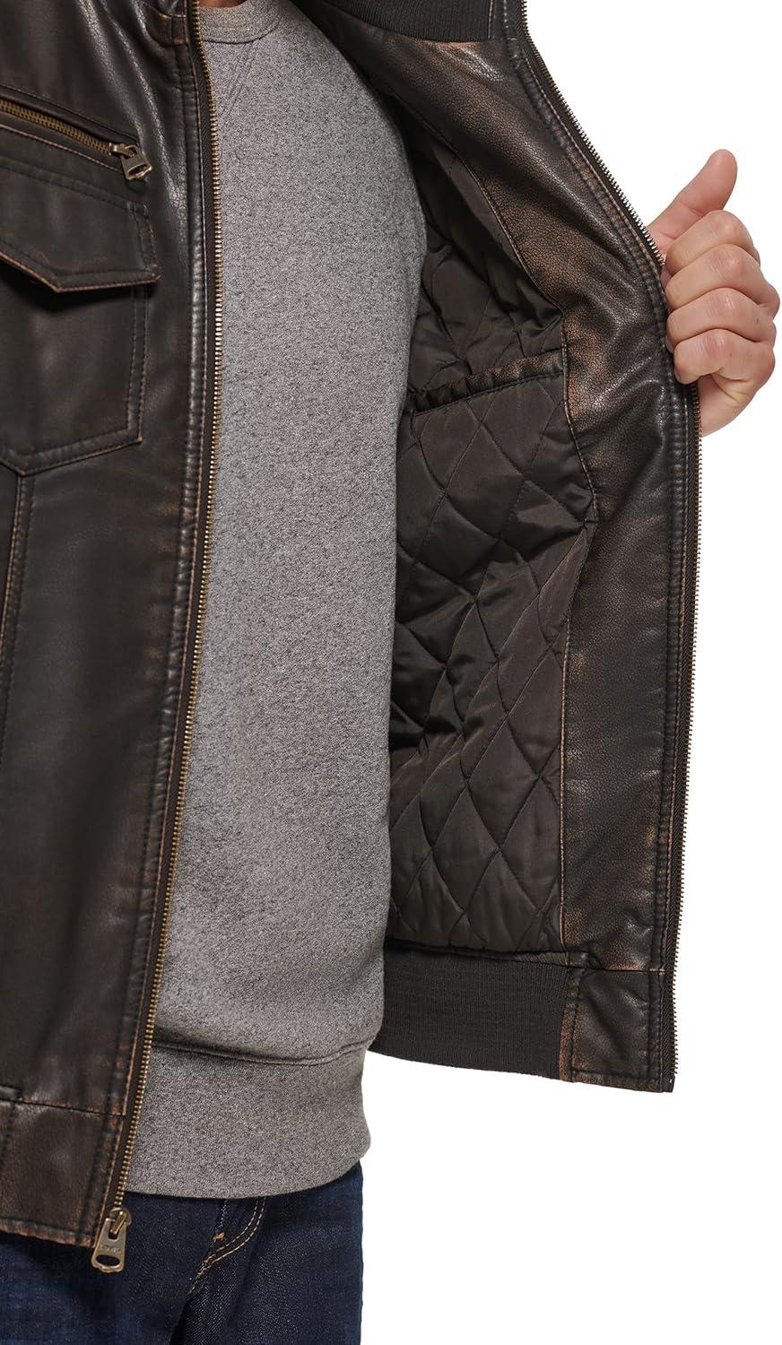 imageLevis Mens Vintage Deer Faux Leather Aviator Bomber Standard and Big amp TallDark Brown Quilted