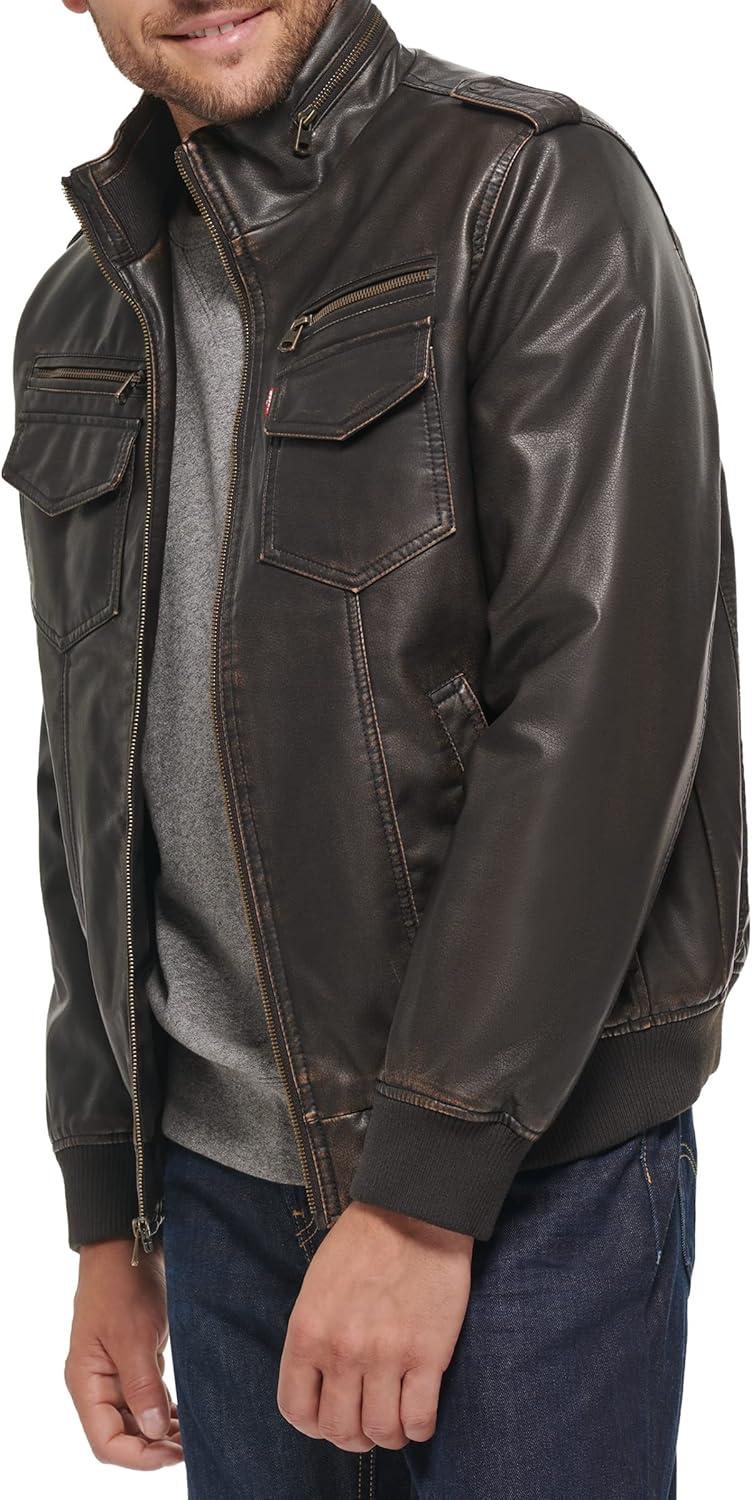 imageLevis Mens Vintage Deer Faux Leather Aviator Bomber Standard and Big amp TallDark Brown Quilted