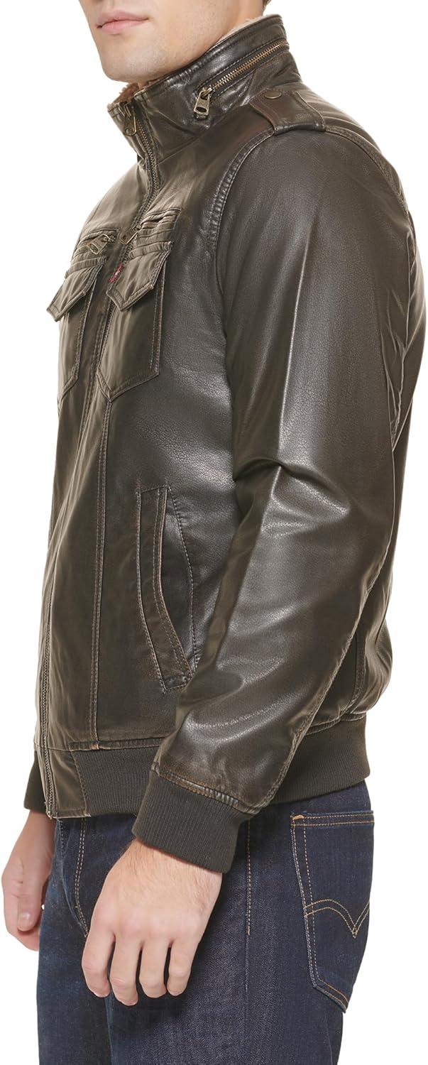imageLevis Mens Vintage Deer Faux Leather Aviator Bomber Standard and Big amp TallDark BrownSherpa Lined
