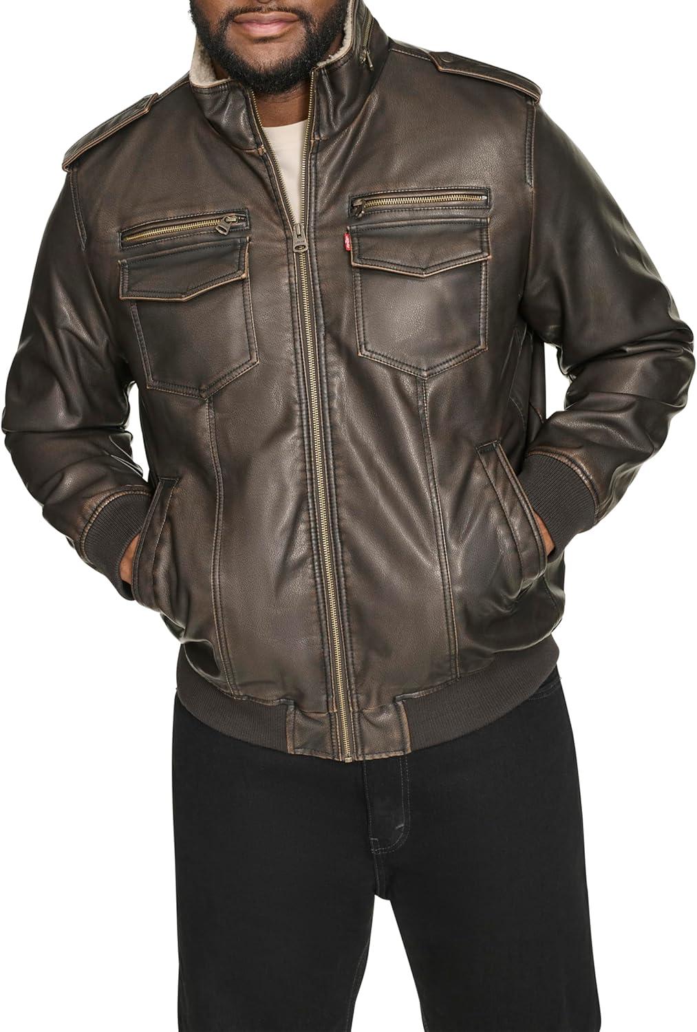 imageLevis Mens Vintage Deer Faux Leather Aviator Bomber Standard and Big amp TallDark BrownSherpa Lined