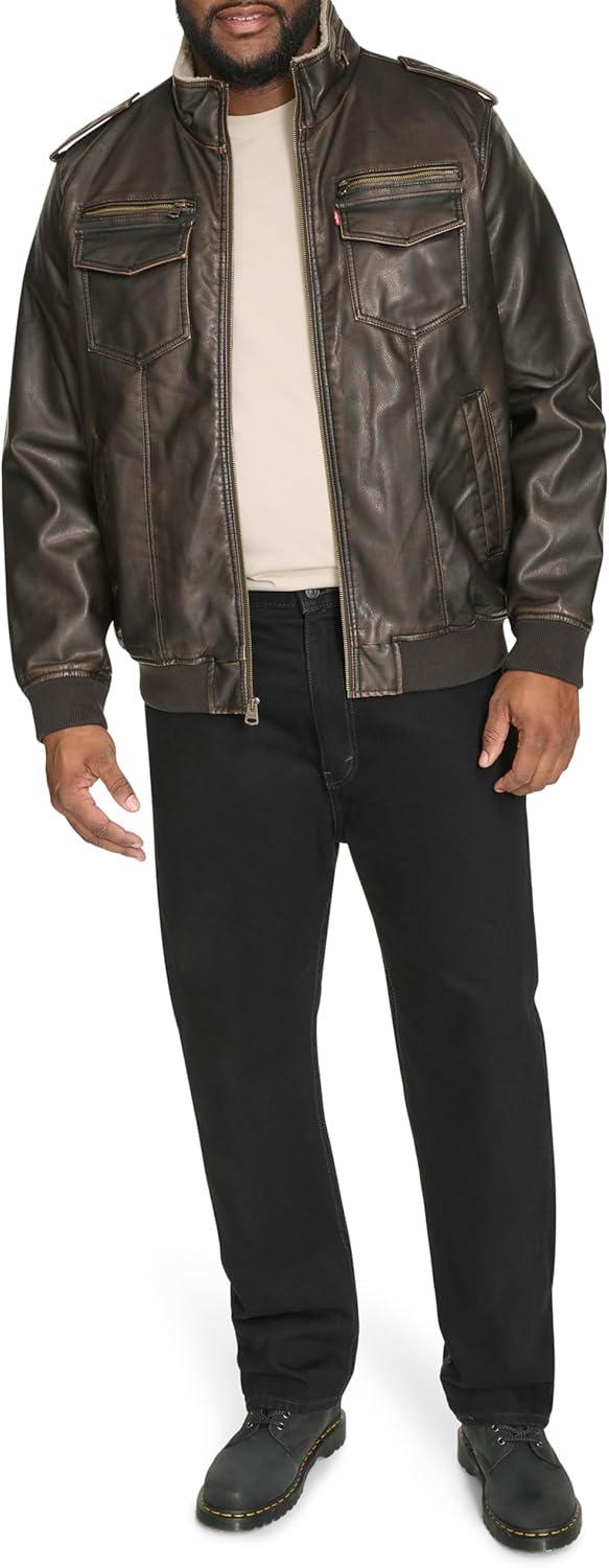 imageLevis Mens Vintage Deer Faux Leather Aviator Bomber Standard and Big amp TallDark BrownSherpa Lined