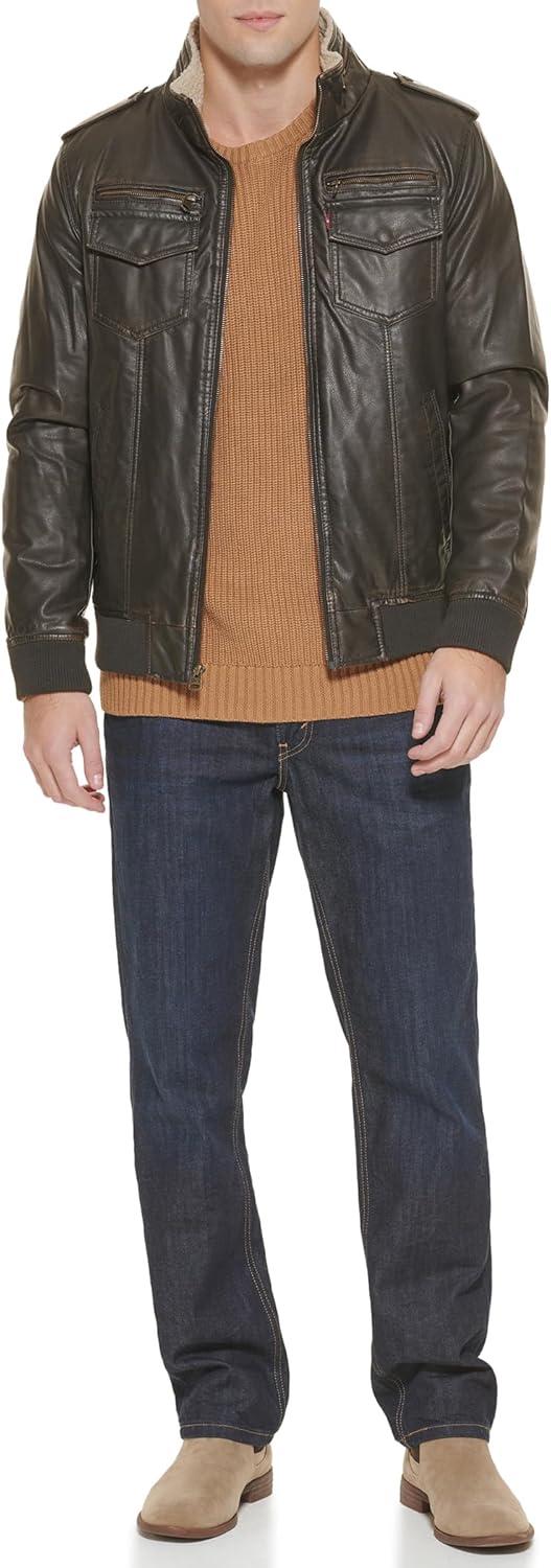 imageLevis Mens Vintage Deer Faux Leather Aviator Bomber Standard and Big amp TallDark BrownSherpa Lined