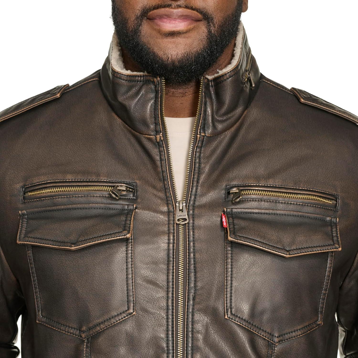 imageLevis Mens Vintage Deer Faux Leather Aviator Bomber Standard and Big amp TallDark BrownSherpa Lined