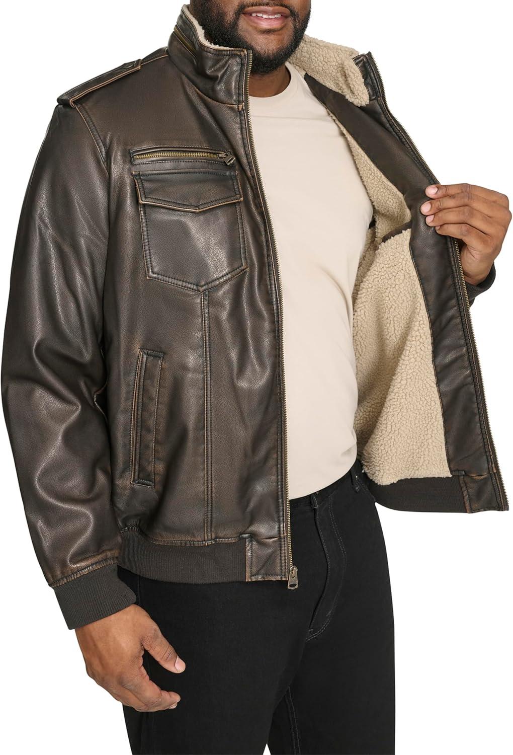 imageLevis Mens Vintage Deer Faux Leather Aviator Bomber Standard and Big amp TallDark BrownSherpa Lined