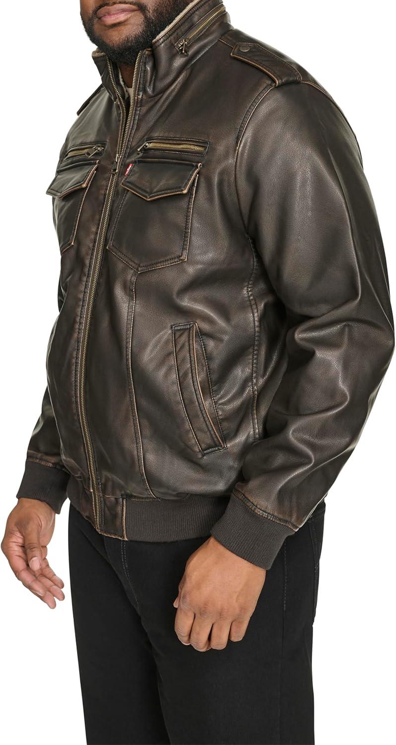 imageLevis Mens Vintage Deer Faux Leather Aviator Bomber Standard and Big amp TallDark BrownSherpa Lined