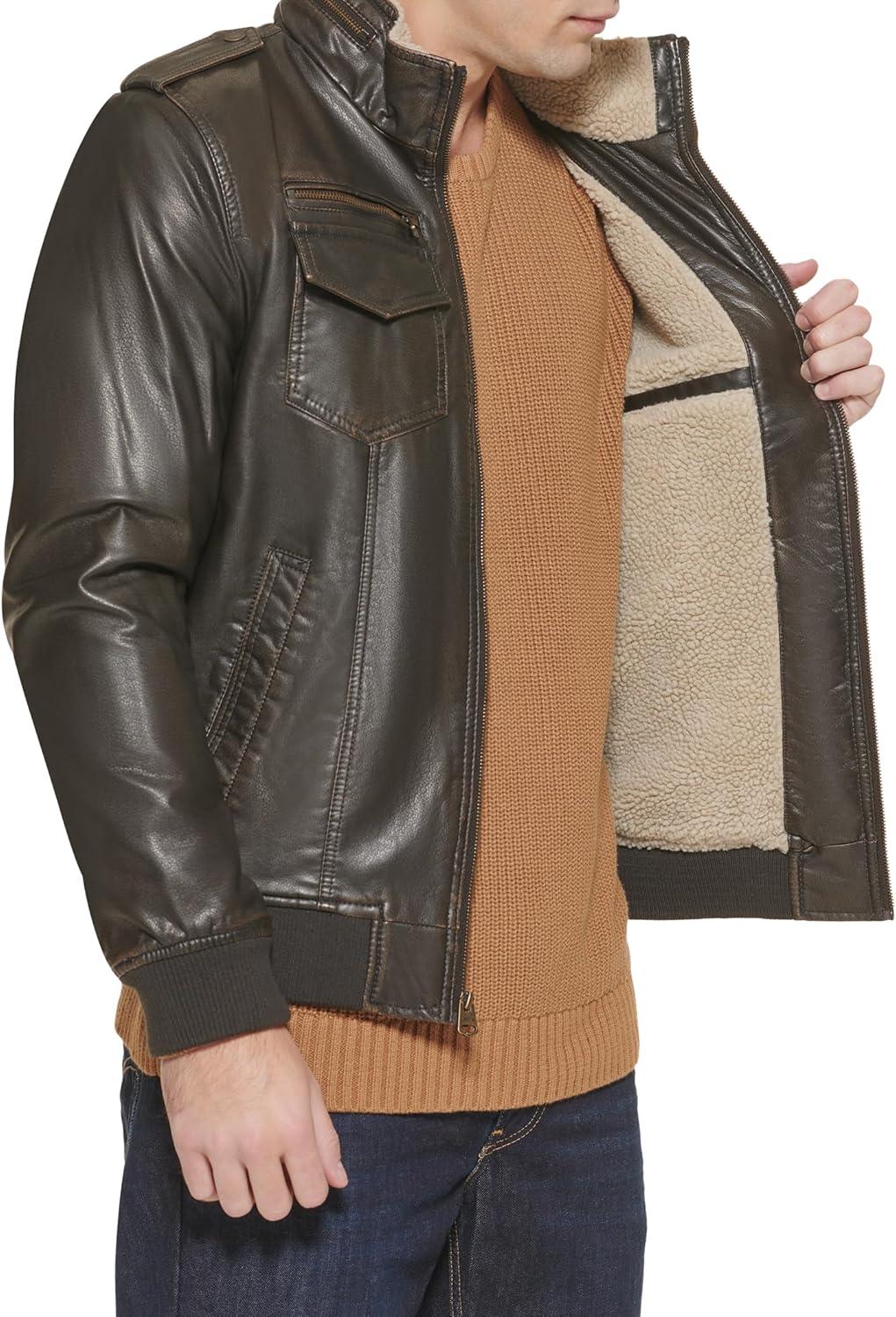 imageLevis Mens Vintage Deer Faux Leather Aviator Bomber Standard and Big amp TallDark BrownSherpa Lined