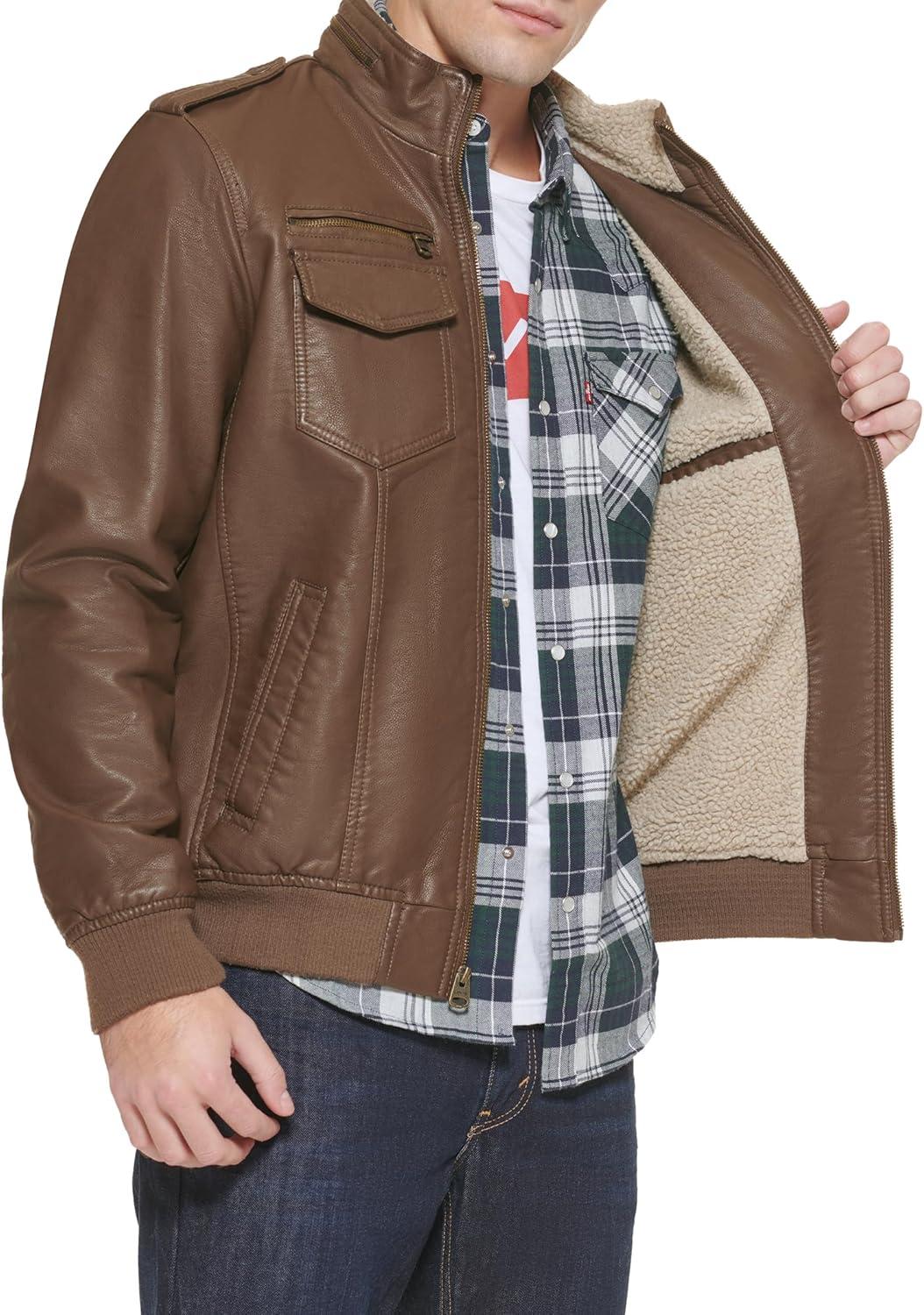 imageLevis Mens Vintage Deer Faux Leather Aviator Bomber Standard and Big amp TallEarthSherpa Lined