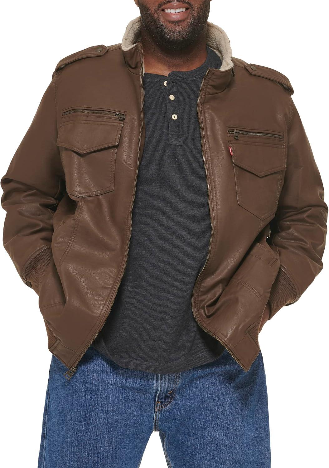 imageLevis Mens Vintage Deer Faux Leather Aviator Bomber Standard and Big amp TallEarthSherpa Lined