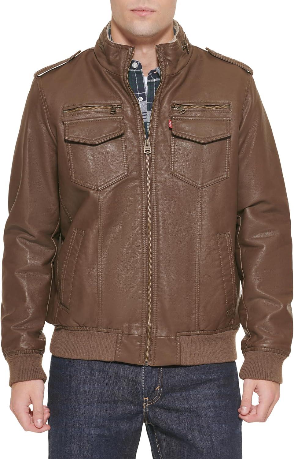 imageLevis Mens Vintage Deer Faux Leather Aviator Bomber Standard and Big amp TallEarthSherpa Lined