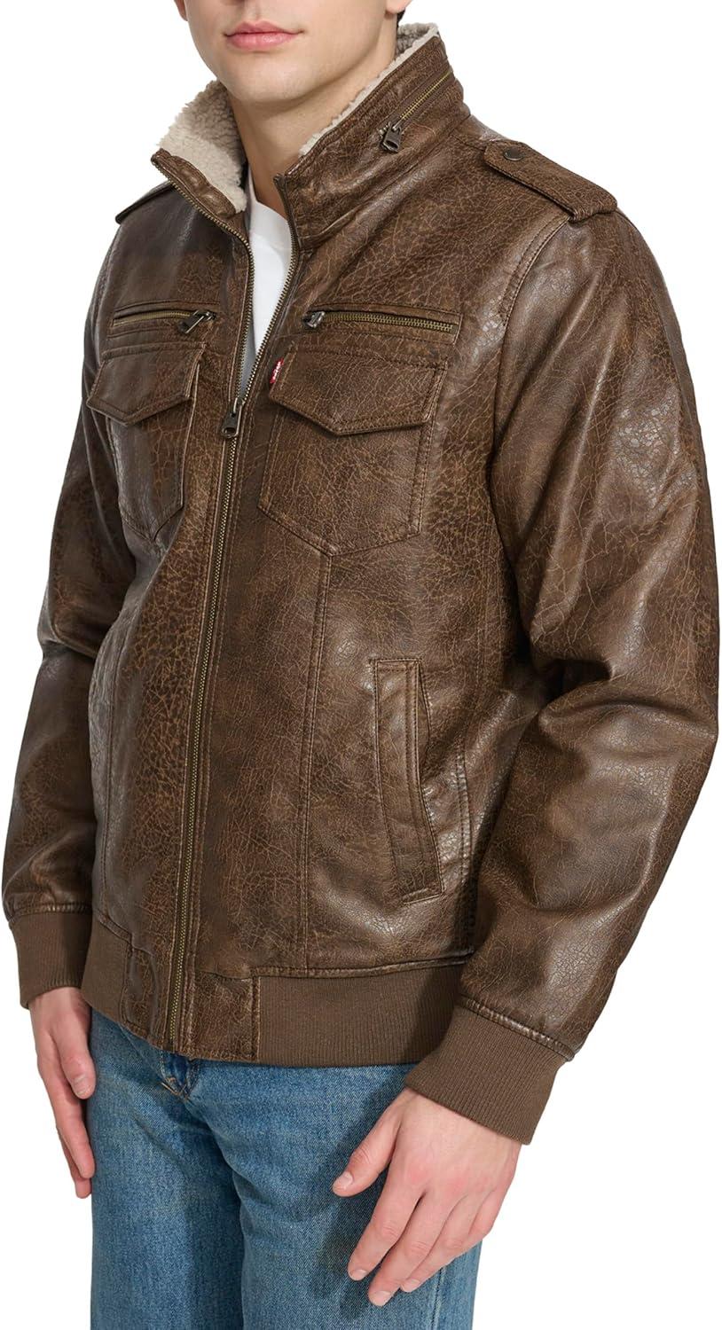 imageLevis Mens Vintage Deer Faux Leather Aviator Bomber Standard and Big amp TallLight Brown BisonSherpa Lined