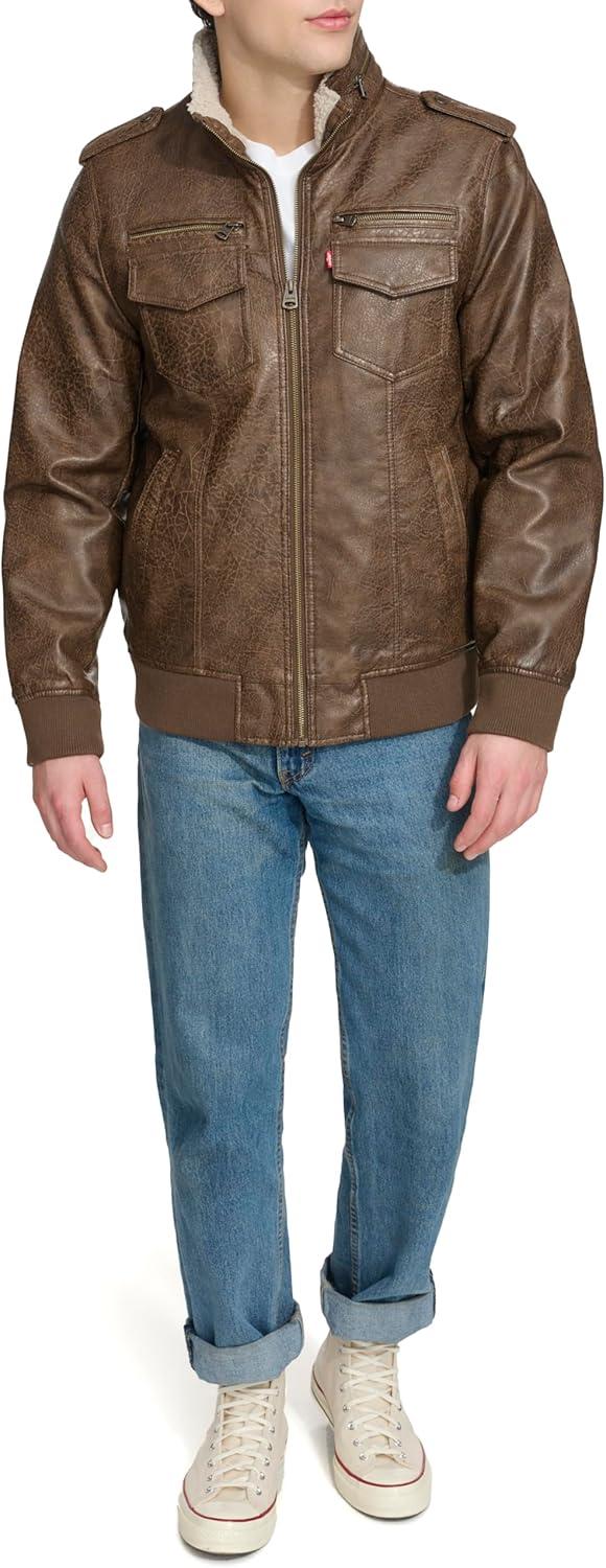 imageLevis Mens Vintage Deer Faux Leather Aviator Bomber Standard and Big amp TallLight Brown BisonSherpa Lined