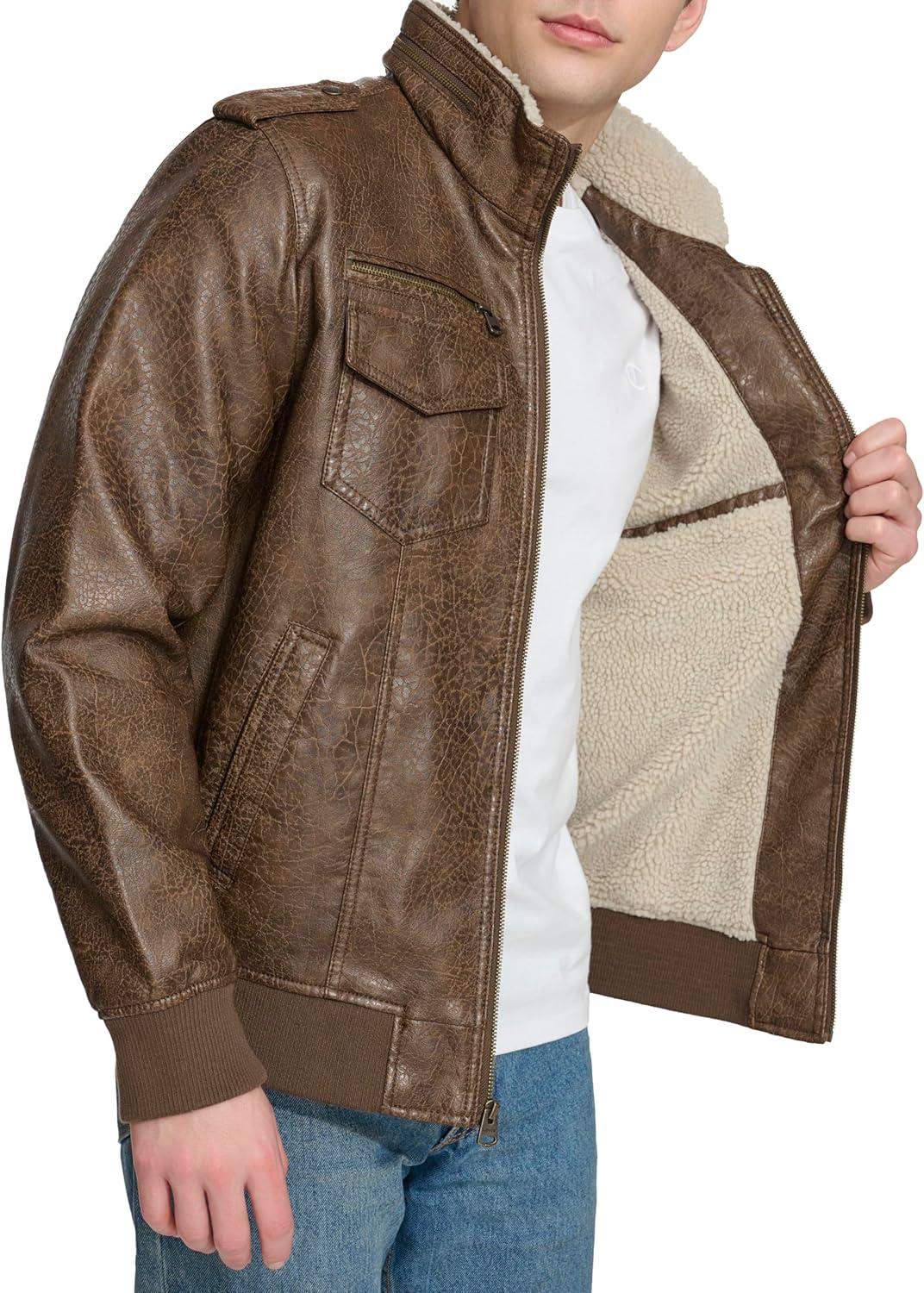 imageLevis Mens Vintage Deer Faux Leather Aviator Bomber Standard and Big amp TallLight Brown BisonSherpa Lined