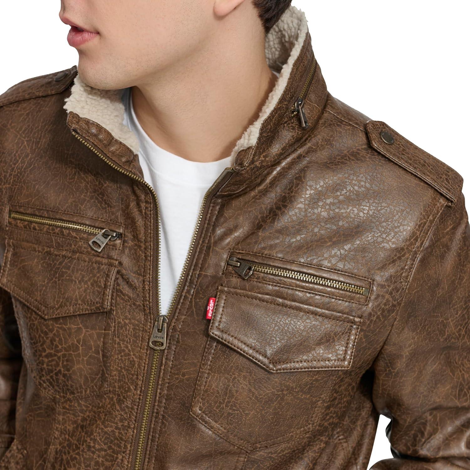 imageLevis Mens Vintage Deer Faux Leather Aviator Bomber Standard and Big amp TallLight Brown BisonSherpa Lined