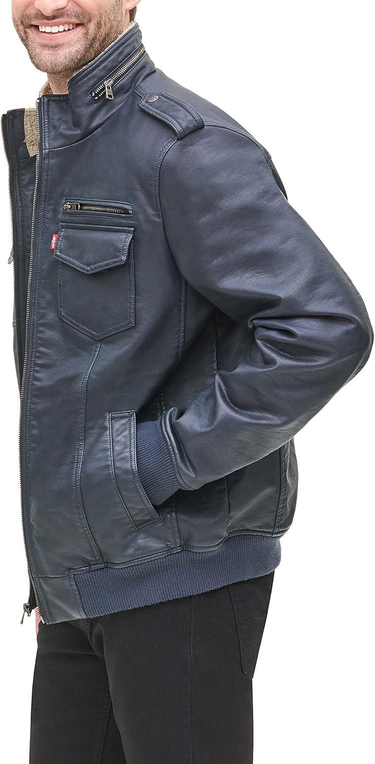 imageLevis Mens Vintage Deer Faux Leather Aviator Bomber Standard and Big amp TallNavySherpa Lined