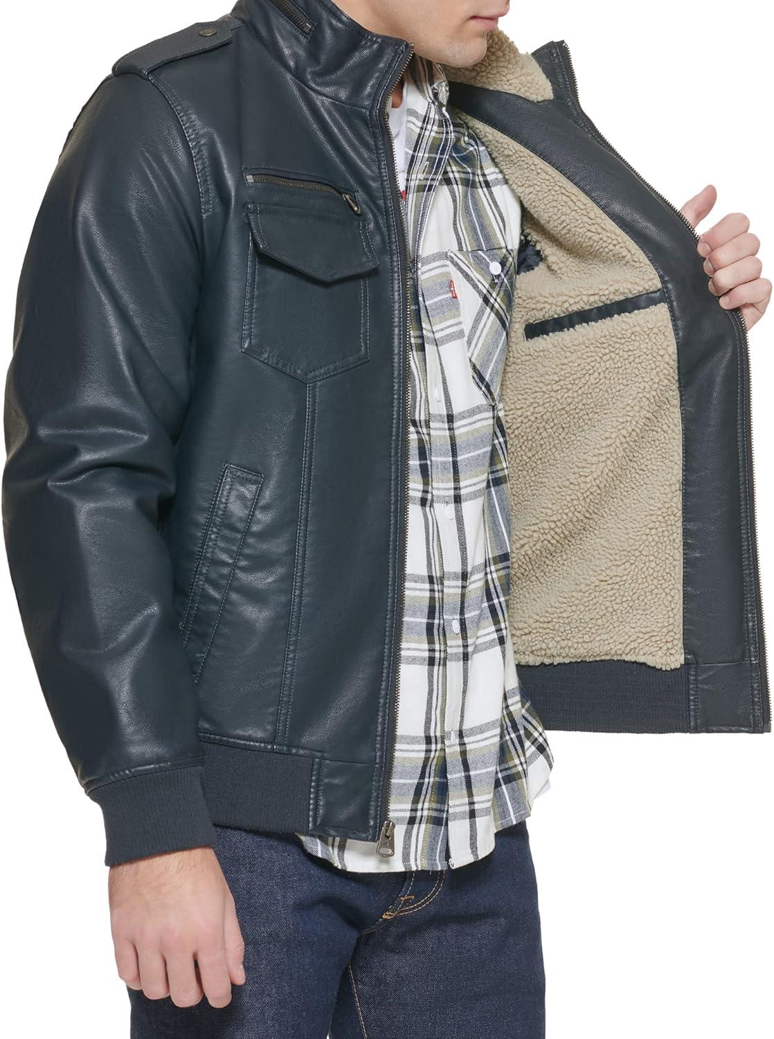 imageLevis Mens Vintage Deer Faux Leather Aviator Bomber Standard and Big amp TallNavySherpa Lined
