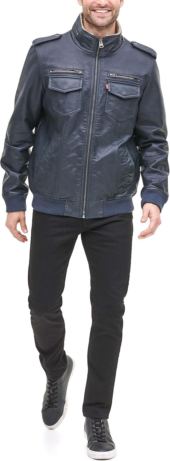 imageLevis Mens Vintage Deer Faux Leather Aviator Bomber Standard and Big amp TallNavySherpa Lined