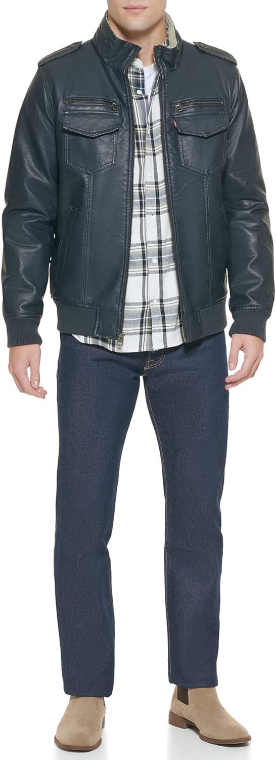 imageLevis Mens Vintage Deer Faux Leather Aviator Bomber Standard and Big amp TallNavySherpa Lined