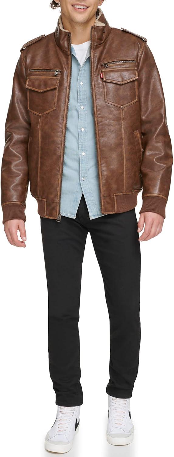 imageLevis Mens Vintage Deer Faux Leather Aviator Bomber Standard and Big amp TallSaddleSherpa Lined