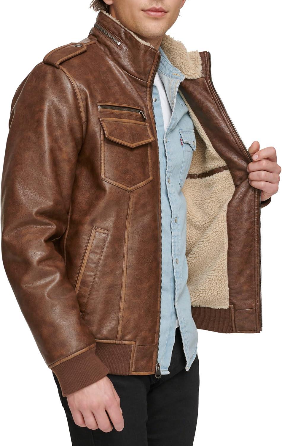 imageLevis Mens Vintage Deer Faux Leather Aviator Bomber Standard and Big amp TallSaddleSherpa Lined