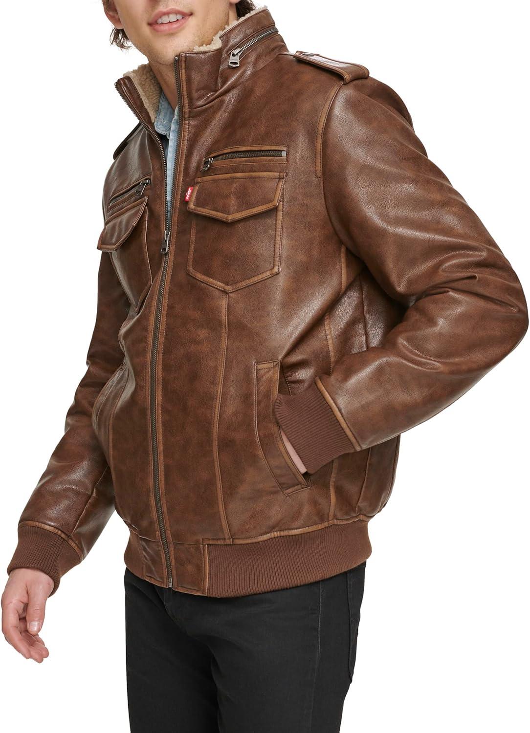 imageLevis Mens Vintage Deer Faux Leather Aviator Bomber Standard and Big amp TallSaddleSherpa Lined