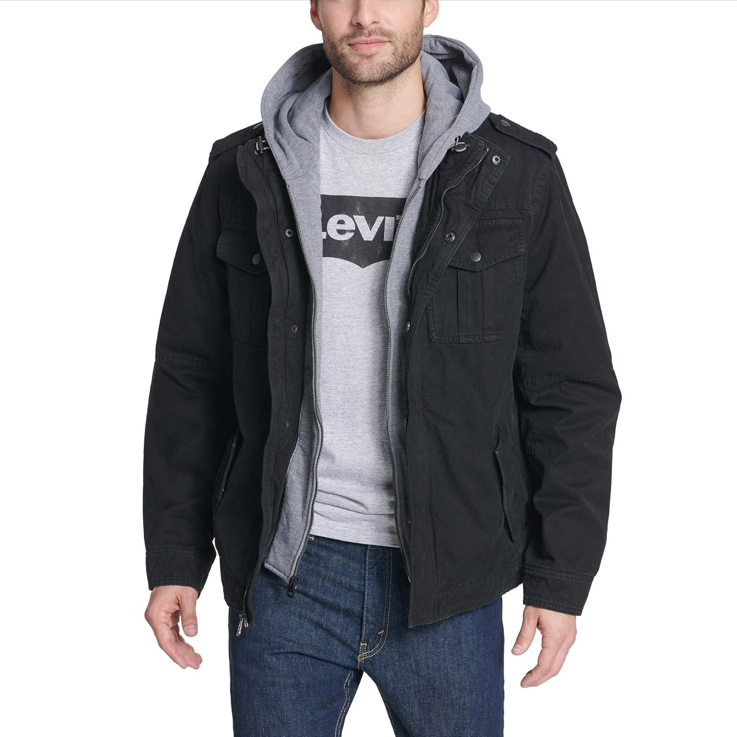 imageLevis Mens Washed Cotton Hooded Military Jacket Regular amp Big amp Tall SizesBlackQuilted Lining