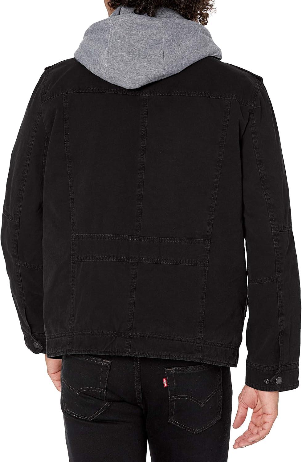 imageLevis Mens Washed Cotton Hooded Military Jacket Regular amp Big amp Tall SizesBlackQuilted Lining